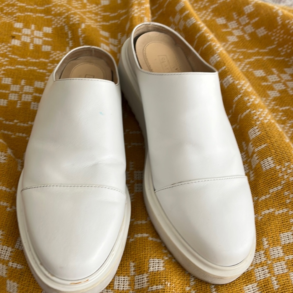 Claetyn Wood White Leather Slip-On Mules 7.5